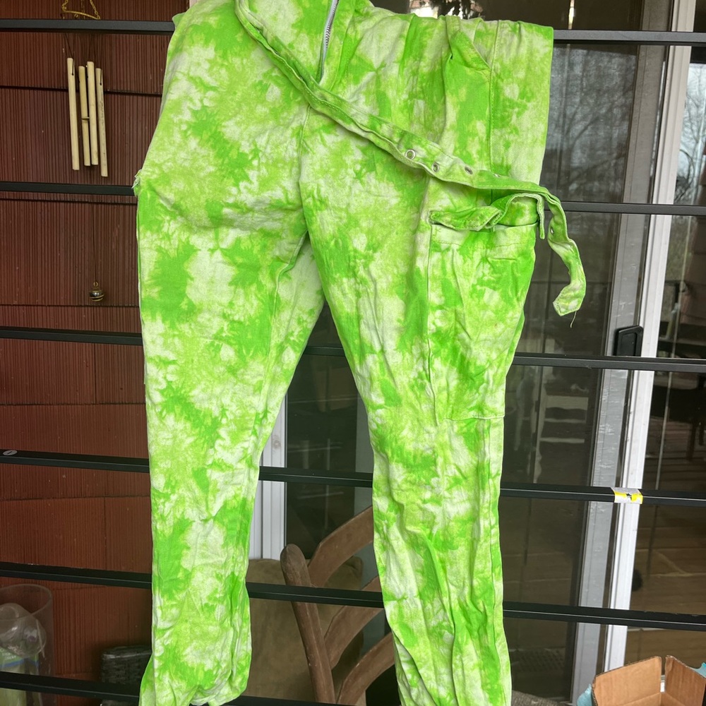 Acid Washed Neon Green and White Jeans